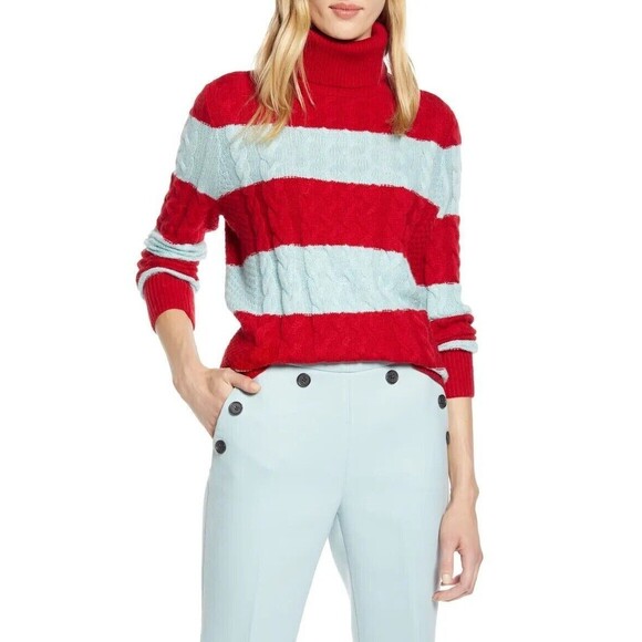 Halogen x Atlantic-Pacific Cable Knit Turtleneck Sweater - Red/Blue … - Picture 6 of 6